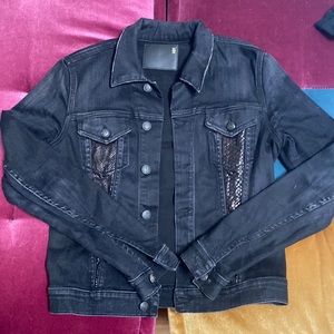 Black denim button-up jacket with snake-skin leather detailing